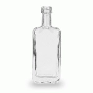 A clear small alcohol bottle against a white background.
