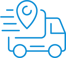 A blue logo depicting a truck moving with a location like icon above it