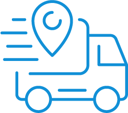 A blue logo depicting a truck moving with a location like icon above it